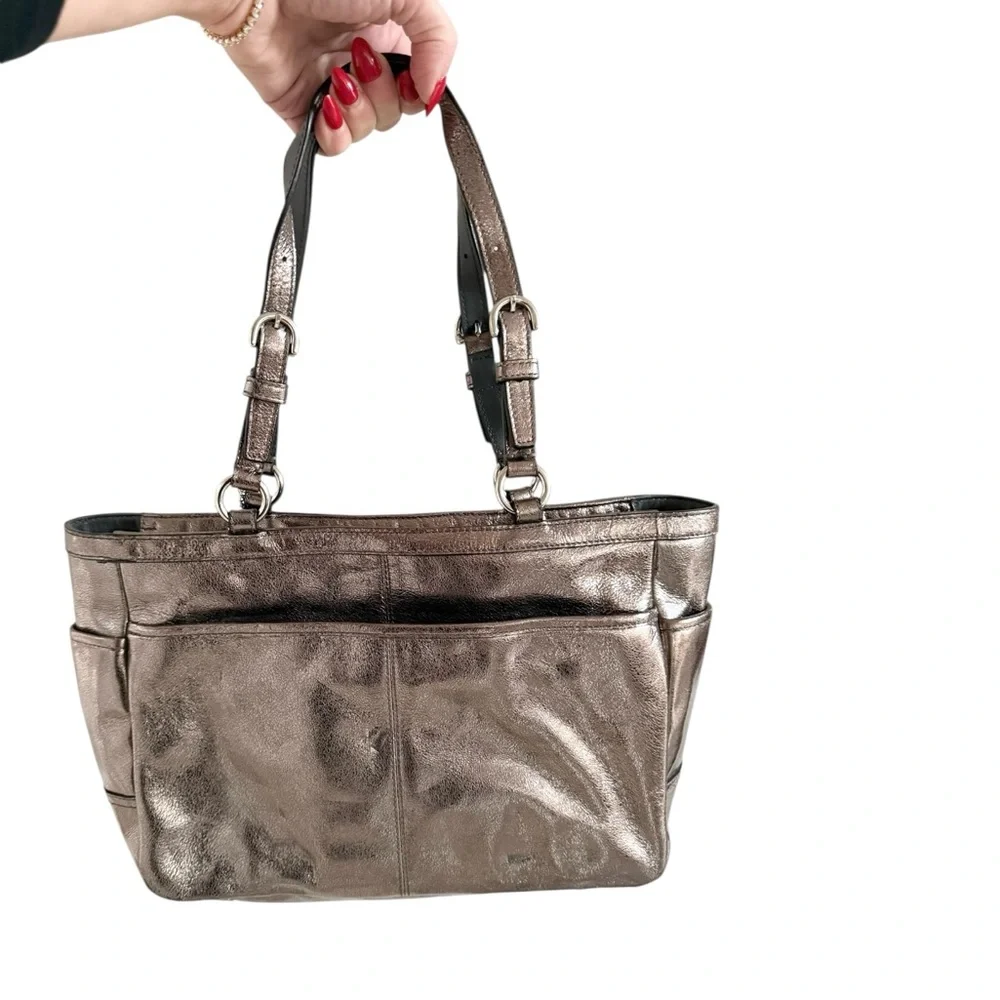 COACH Gallery East West Tote Metallic Leather Shoulder Bag Shimmering Bronze